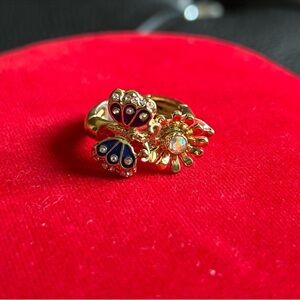 Betsey Johnson Gold-tone Ring with Red and Blue Enamel Butterflies & flower
